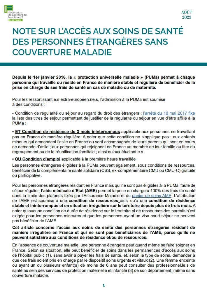 Note accès aux soins des personnes sans couverture maladie