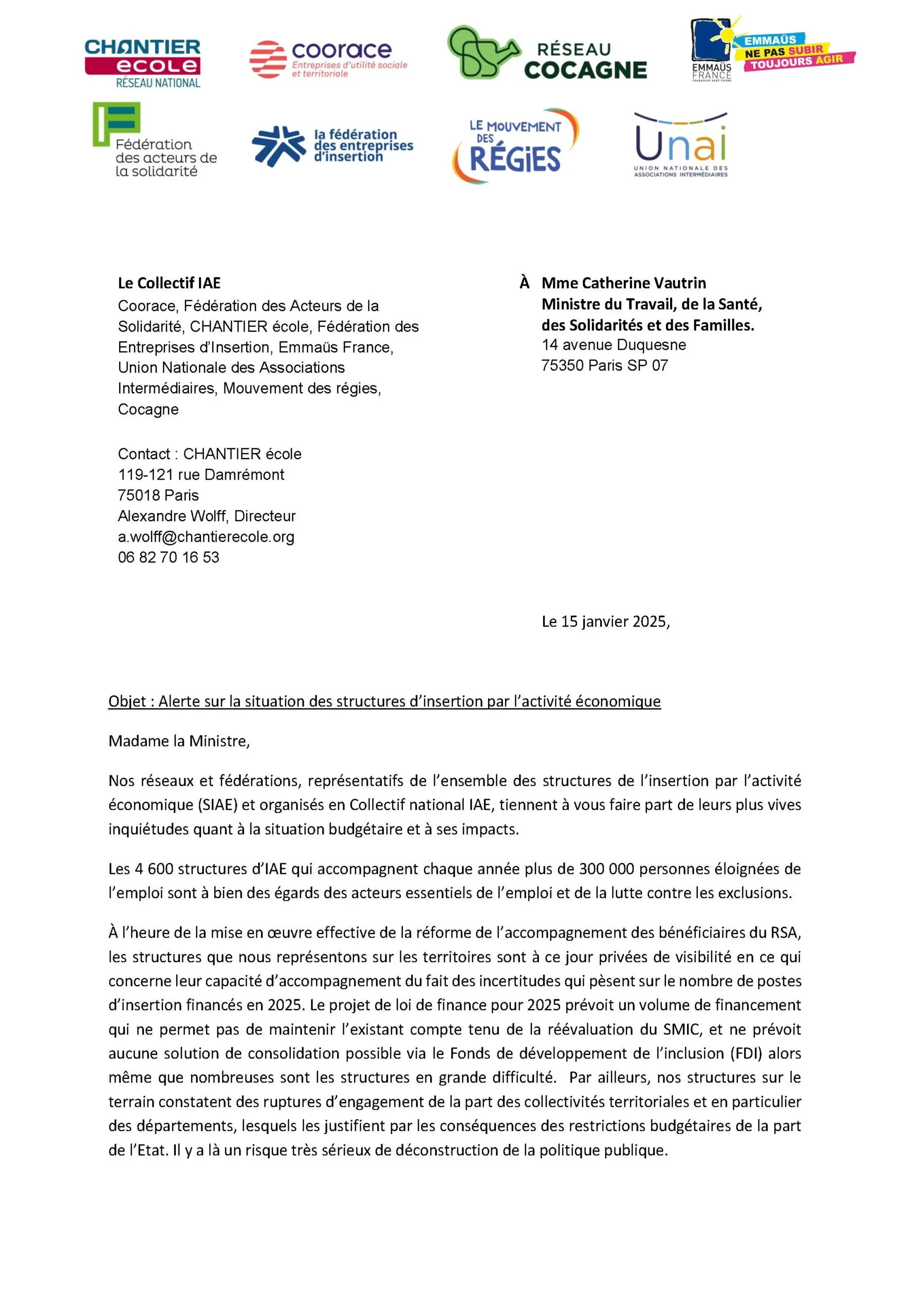 Alerte sur la situation des structures d’insertion par l’activité économique, le Collectif IAE s’adresse à la ministre du travail