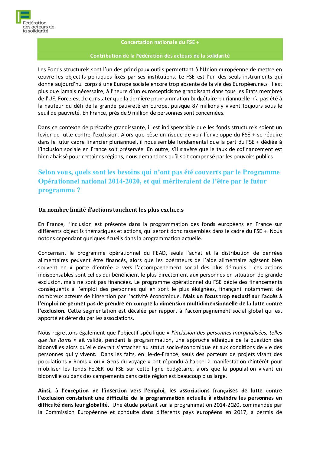 Concertation nationale du FSE + et Contribution de la Fédération des acteurs de la solidarité