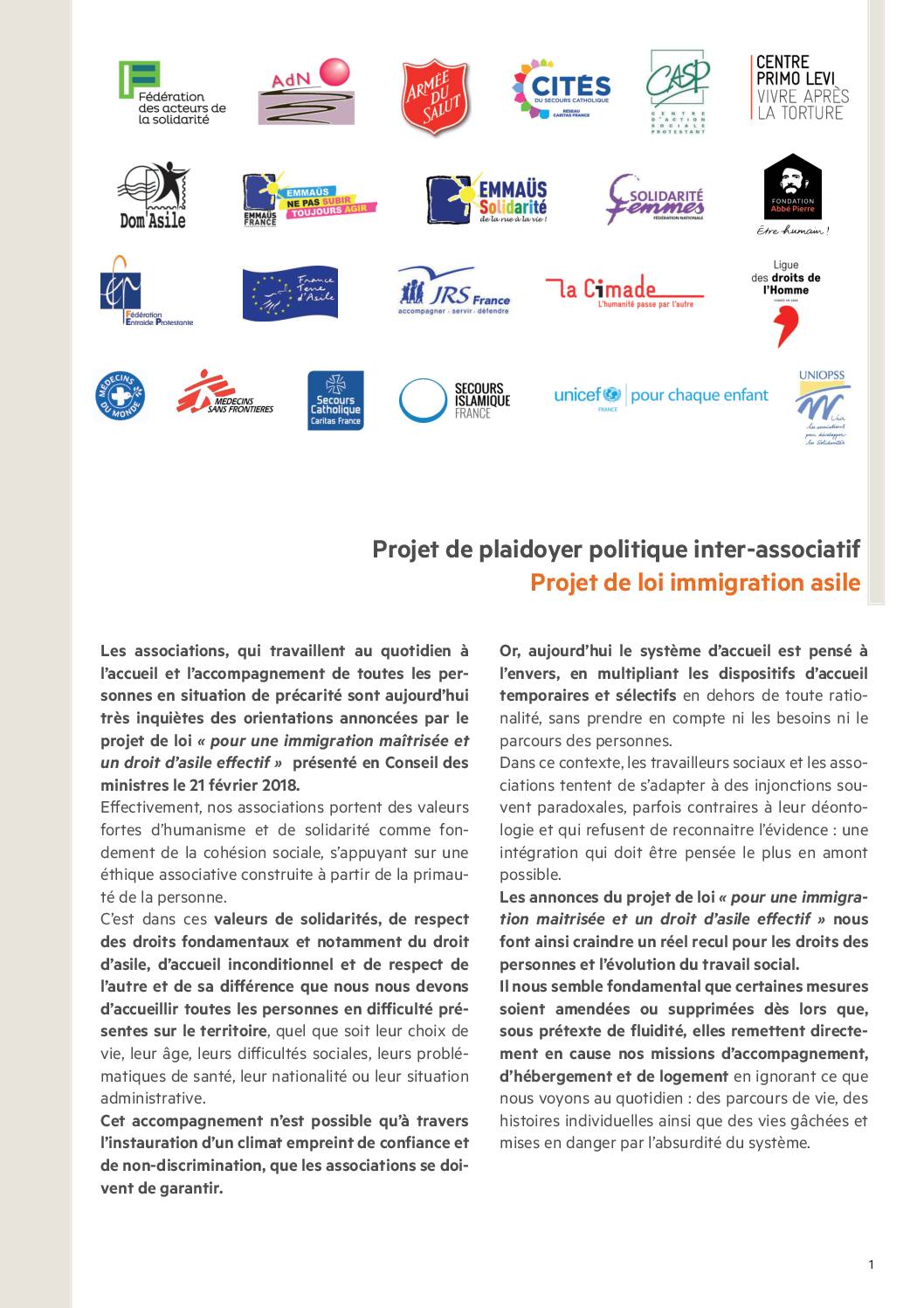 Projet de loi immigration asile : plaidoyer politique inter-associatif