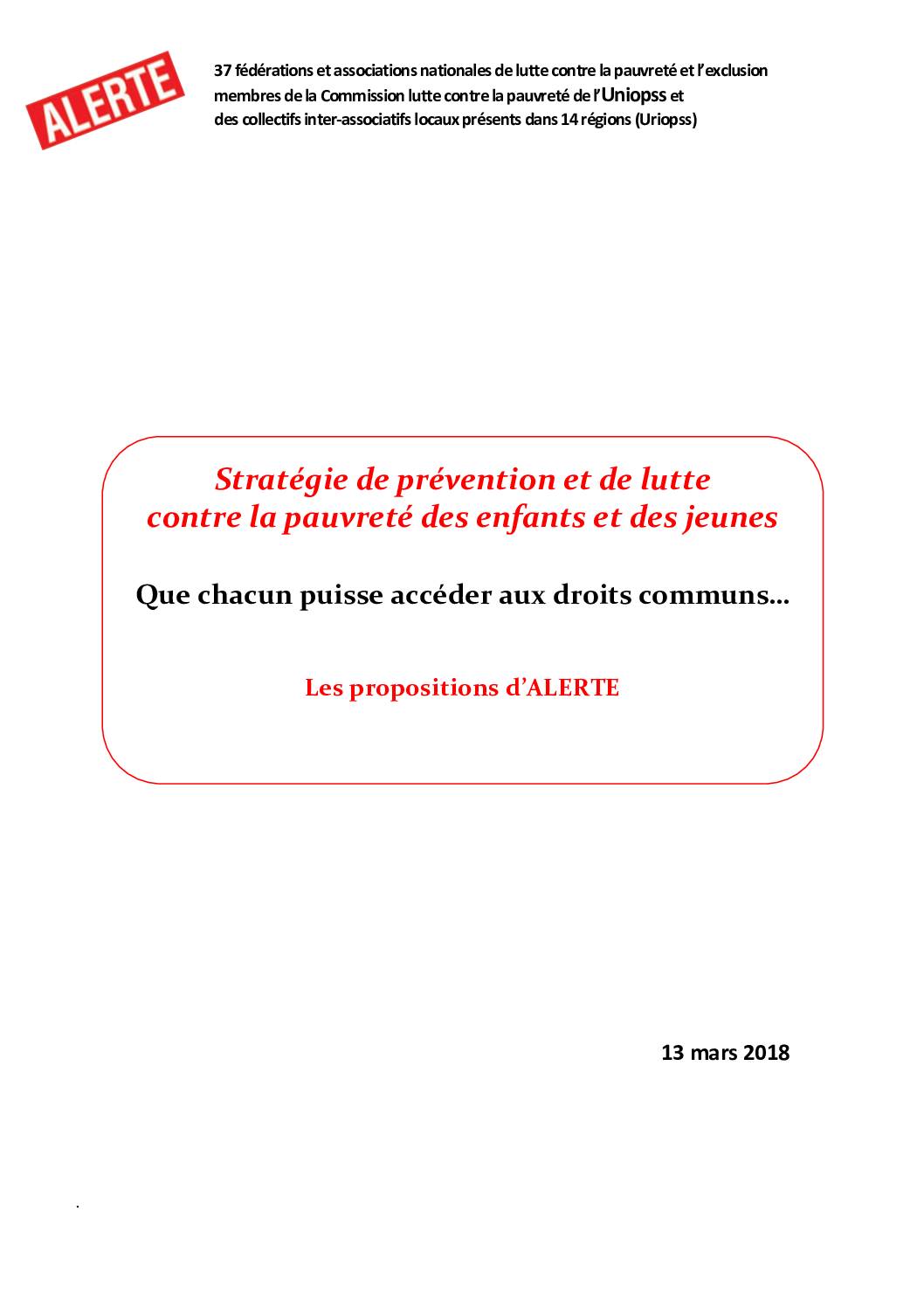 Stratégie de prévention et de lutte contre la pauvreté des enfants et des jeunes : les propositions d'ALERTE