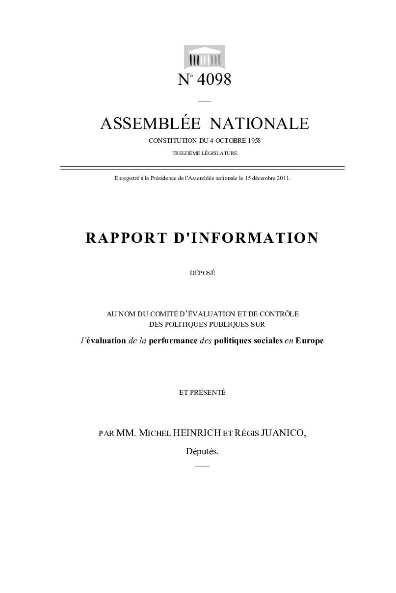 Rapport d'information sur l’évaluation de la performance des politiques sociales en Europe