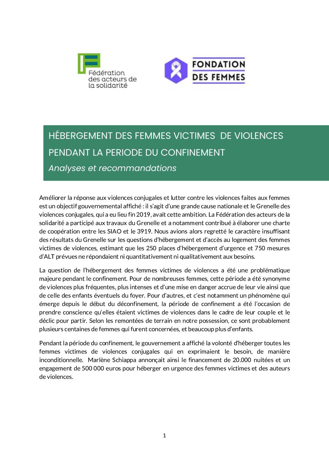 Note Hébergement Femmes victimes de violences pendant le confinement
