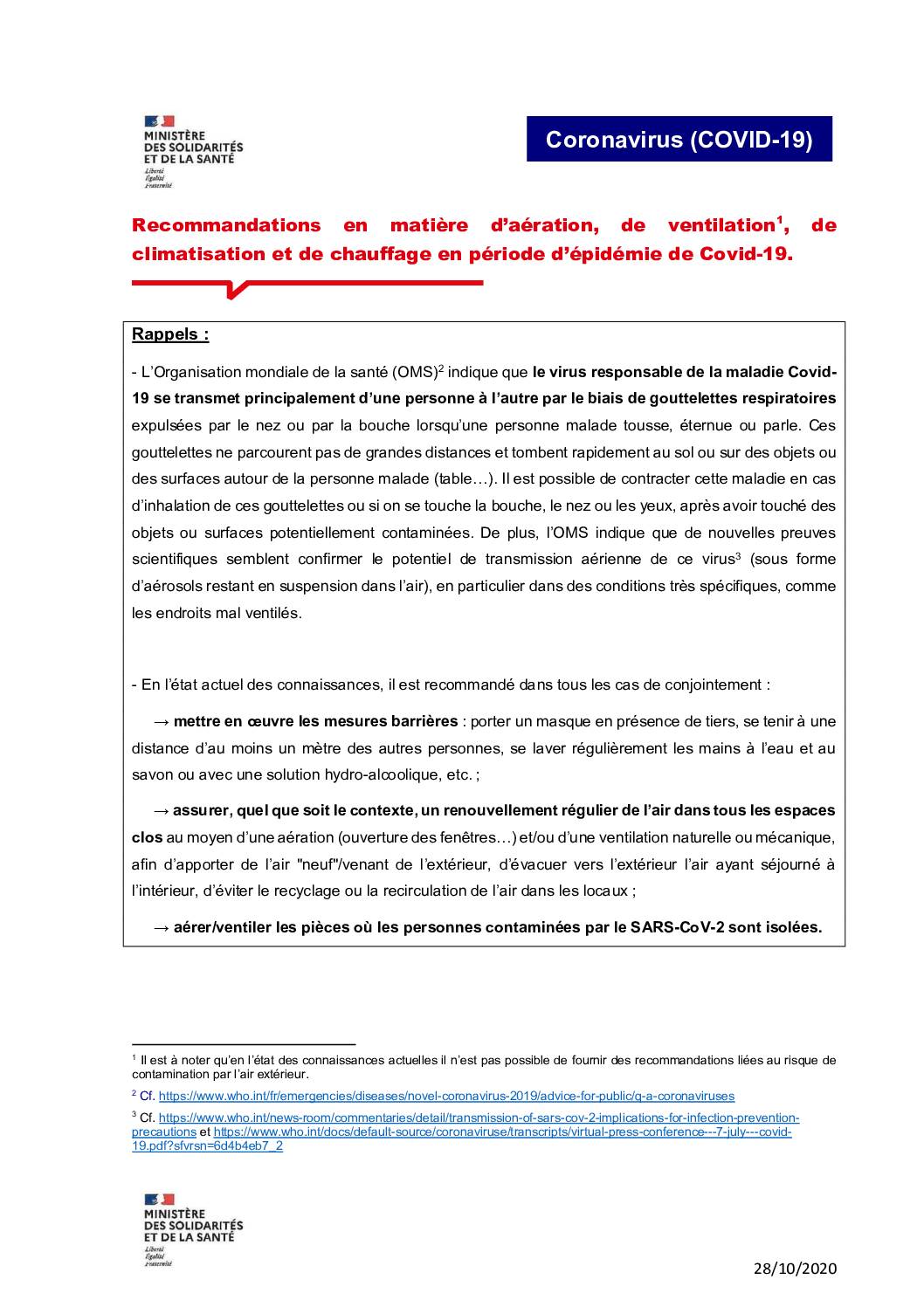 Recommandations en matière d’aération, de ventilation1, de climatisation et de chauffage en période d’épidémie de Covid-19