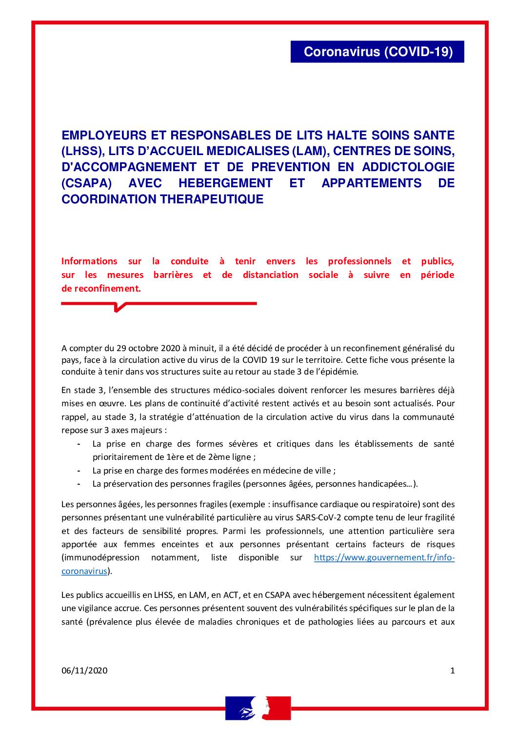 Informations sur la conduite à tenir envers les professionnels et publics à suivre en période de reconfinement.