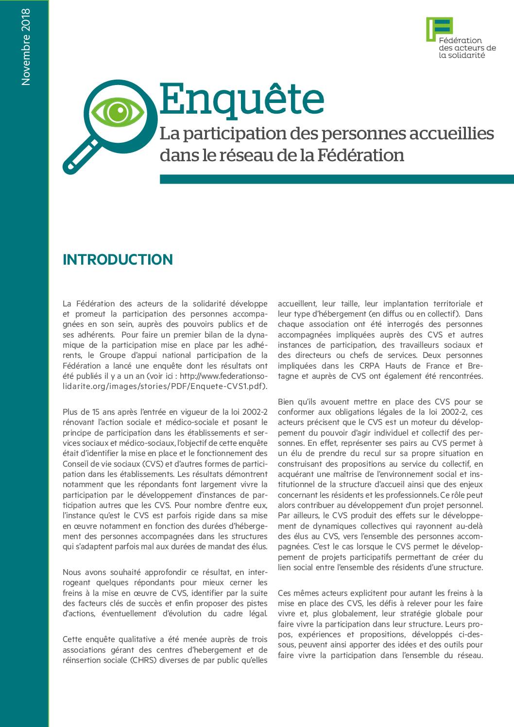 Enquête 2018 - La participation des personnes accueillies dans le réseau de la Fédération