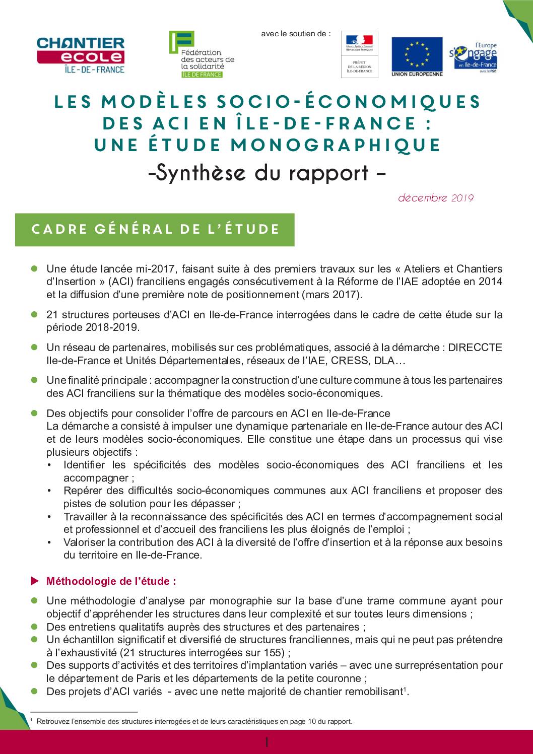 Les modèles économiques des Ateliers et Chantiers Insertion en IDF (Synthèse)