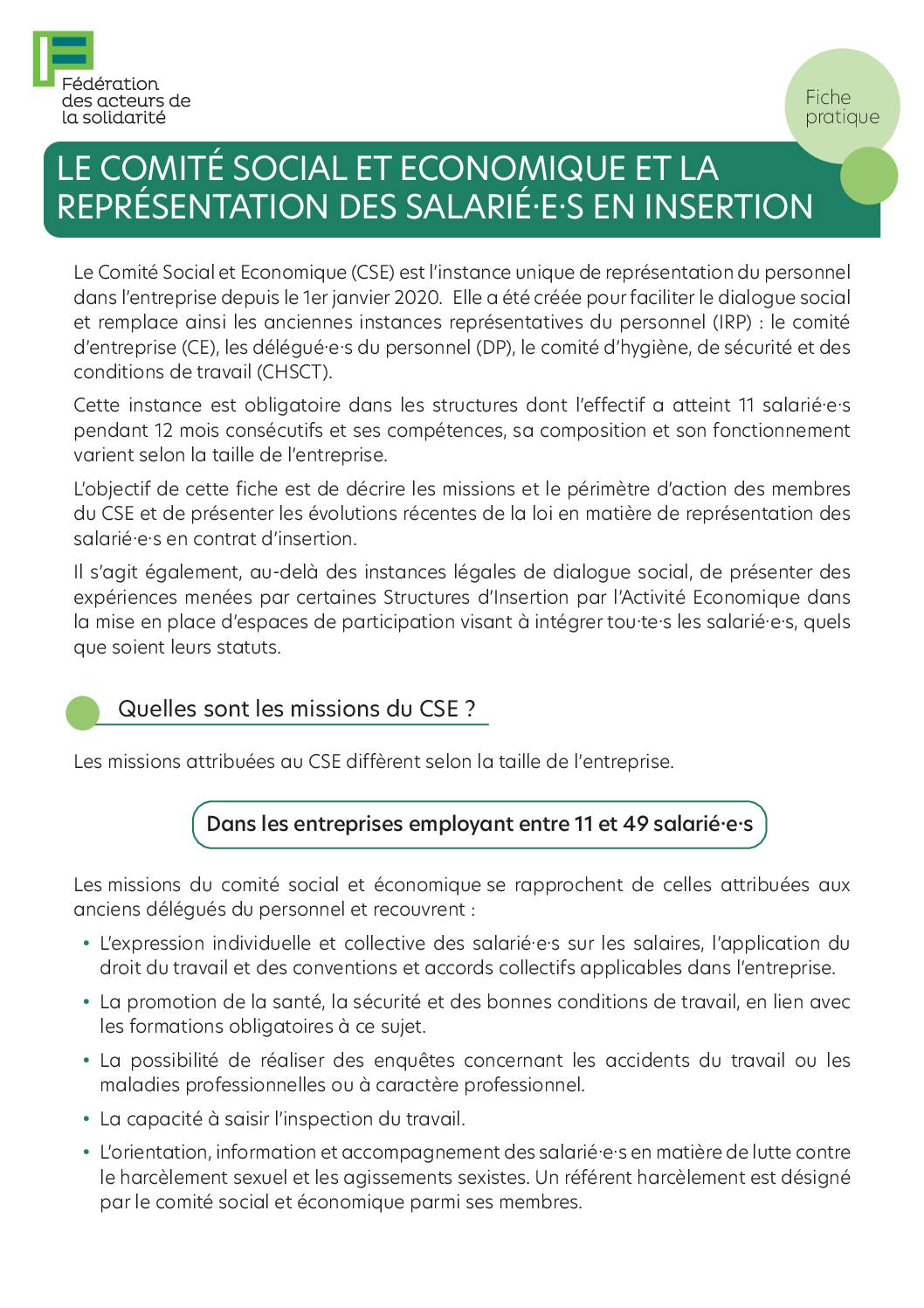 Fiche pratique FAS - Le Comité Social et Économique et la représentation des salarié·e·s en insertion