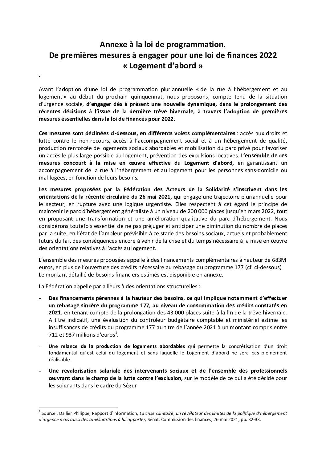 Annexe à la loi de programmation. De premières mesures à engager pour une loi de finances 2022  « Logement d’abord »