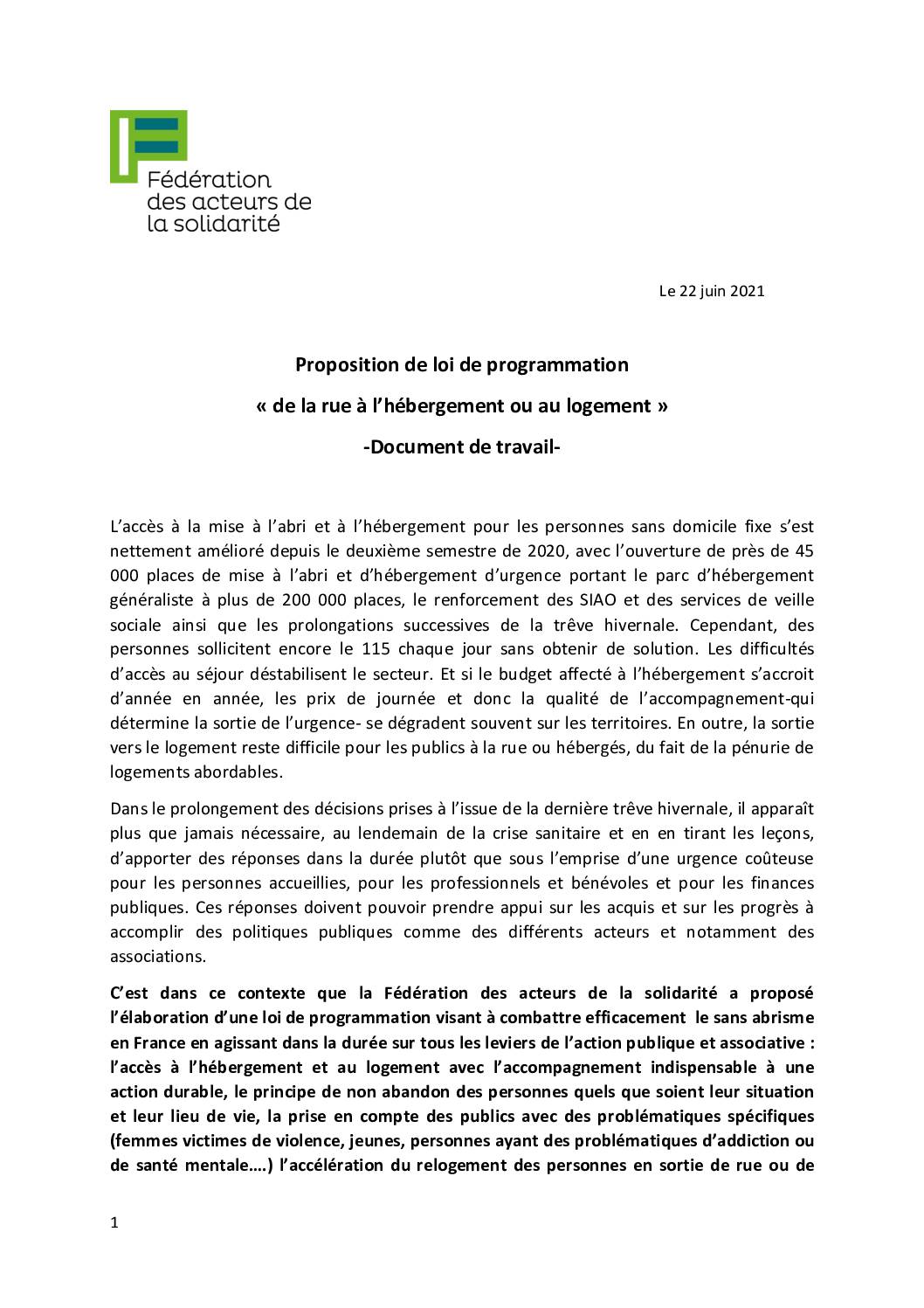 Proposition de loi de programmation  « de la rue à l’hébergement ou au logement »