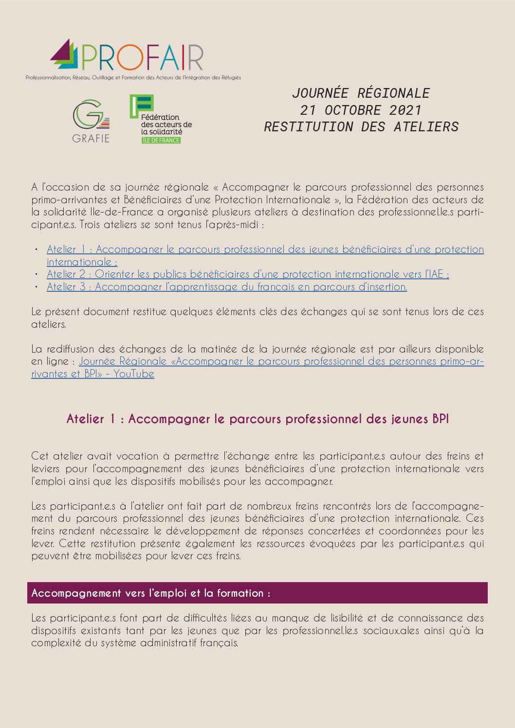Restitution des ateliers de la journée régionale du 21 octobre 2021
