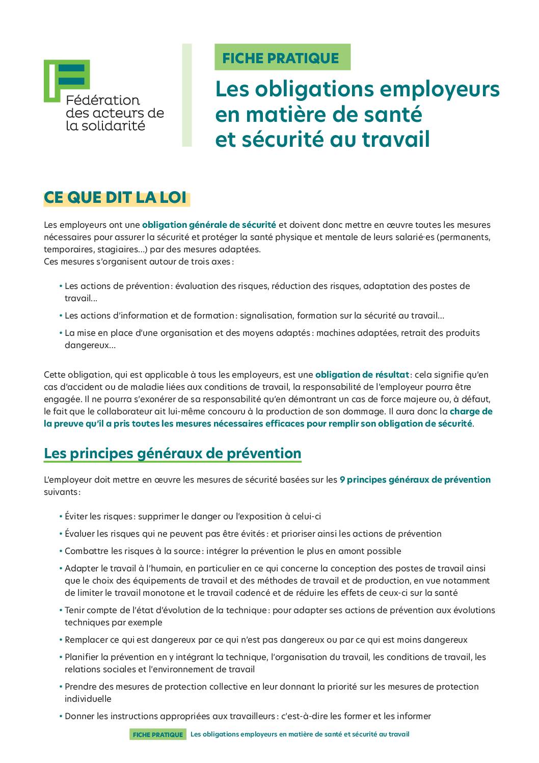 [FICHE] Les obligations employeurs en matière de santé et sécurité au travail