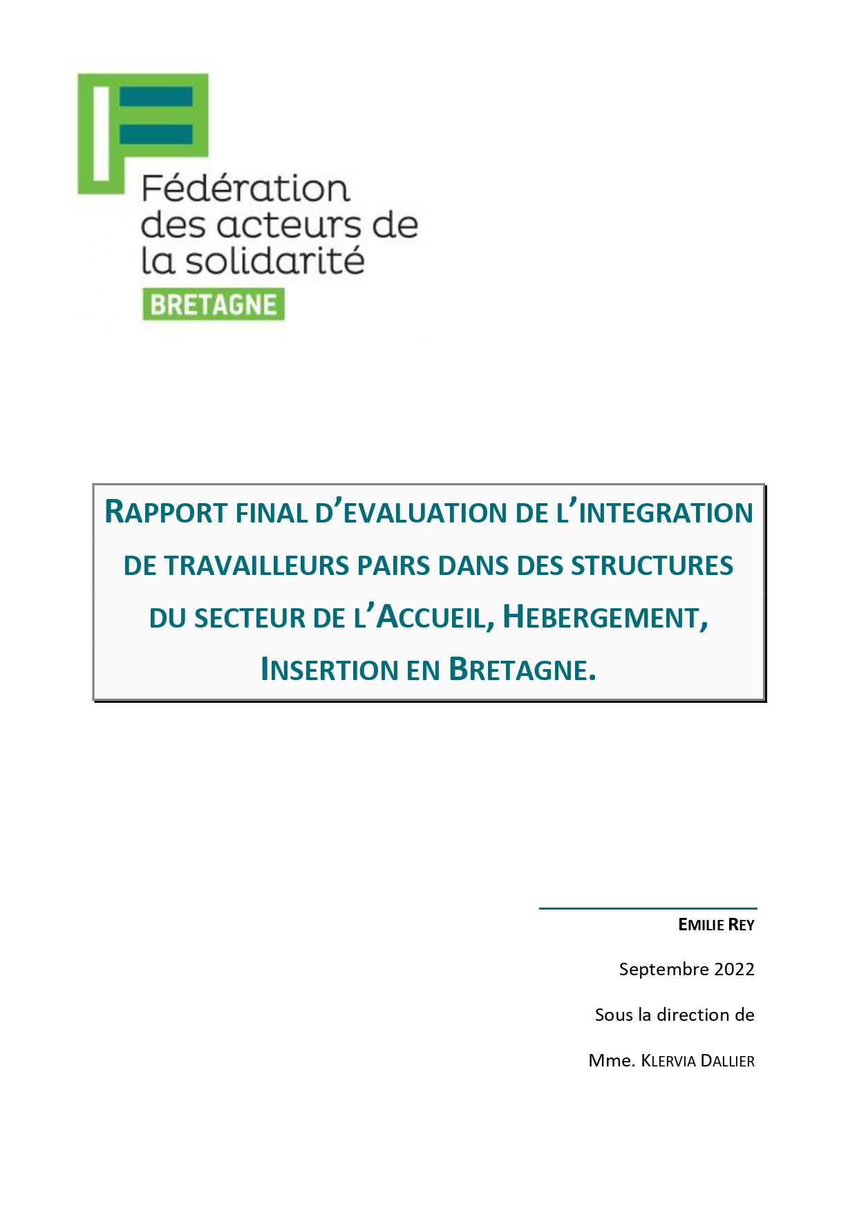 Rapport d'évaluation - intégration de travailleurs pairs dans des structures du secteur de l'AHI Bretonnes