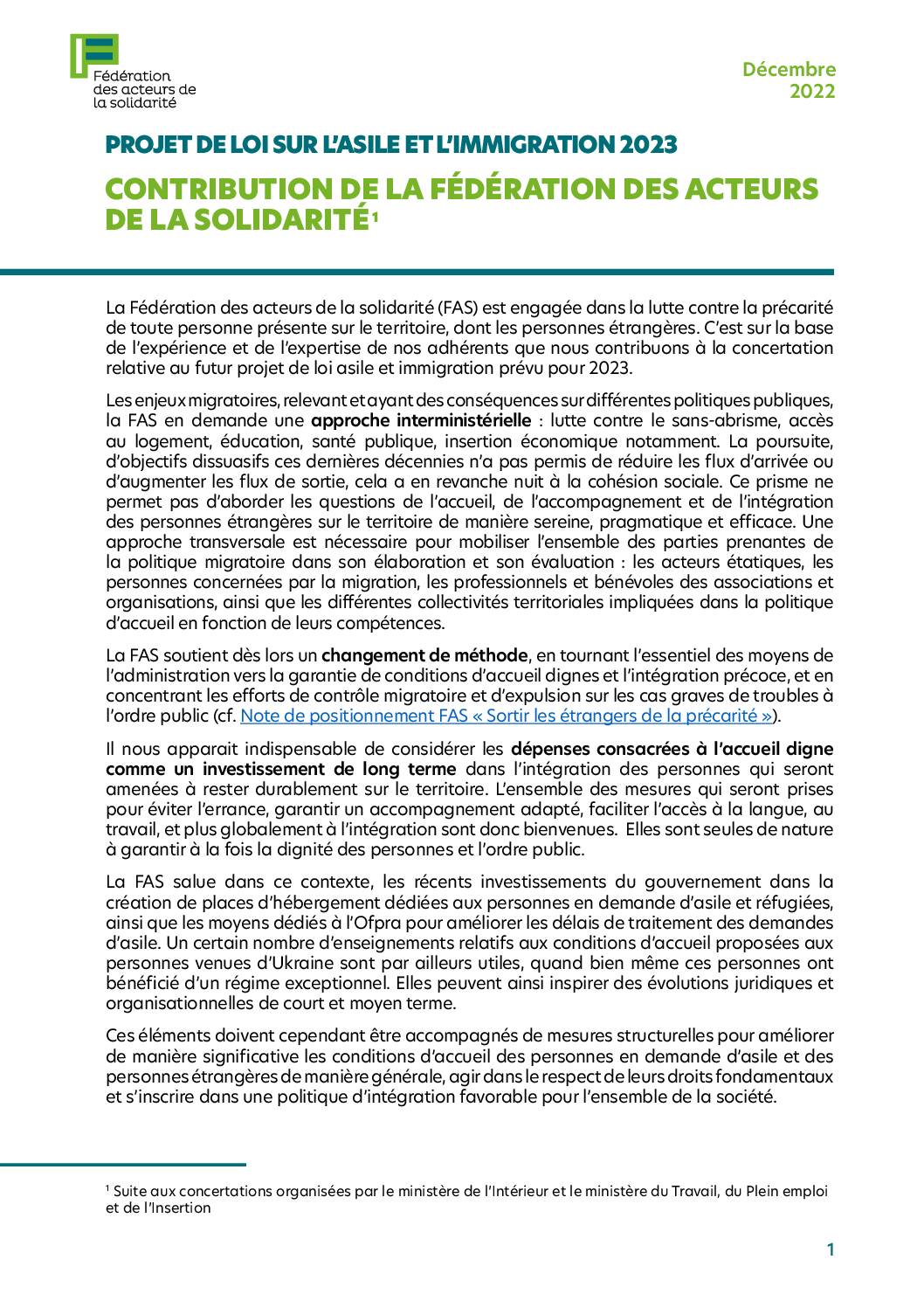 Projet de loi sur l'asile et l'immigration 2023 - Contribution de la Fédération des acteurs de la solidarité