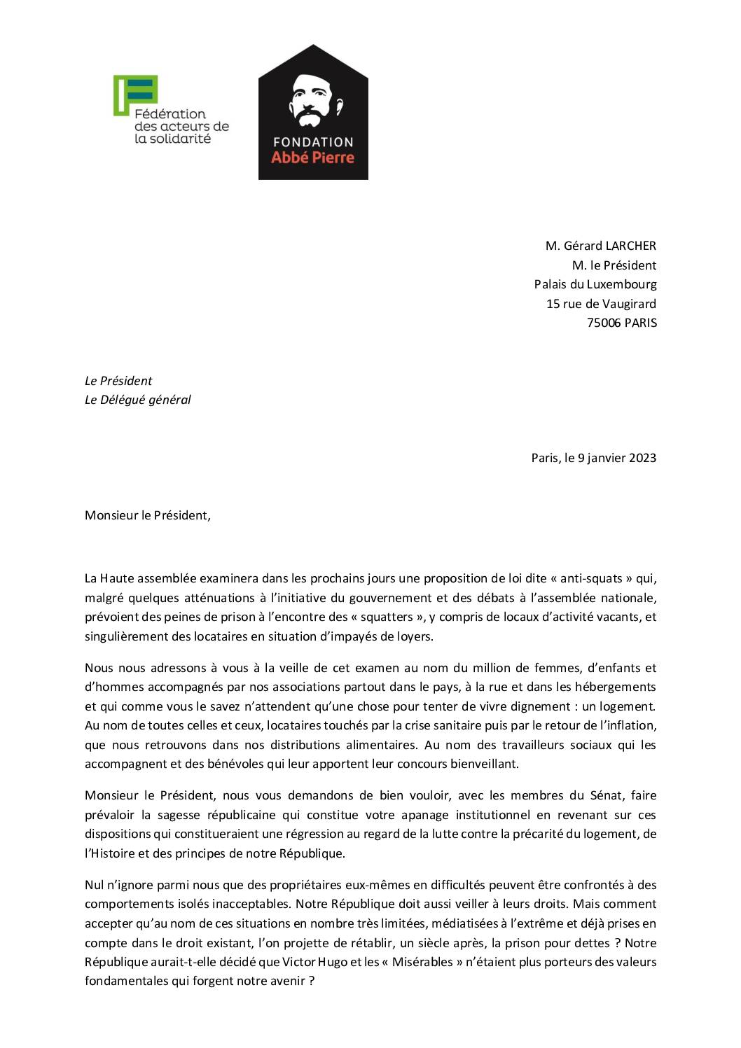 Courrier de la FAS au président du Sénat sur les impayés de loyer