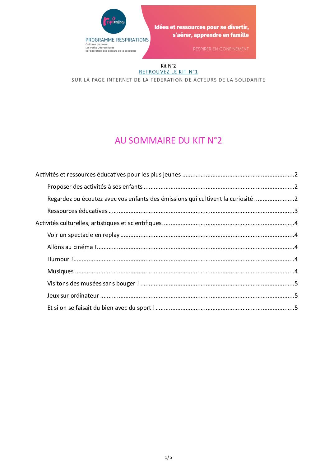 Respirer en confinement - Idées et ressources pour se divertir, s’aérer, apprendre en famille - Kit 2