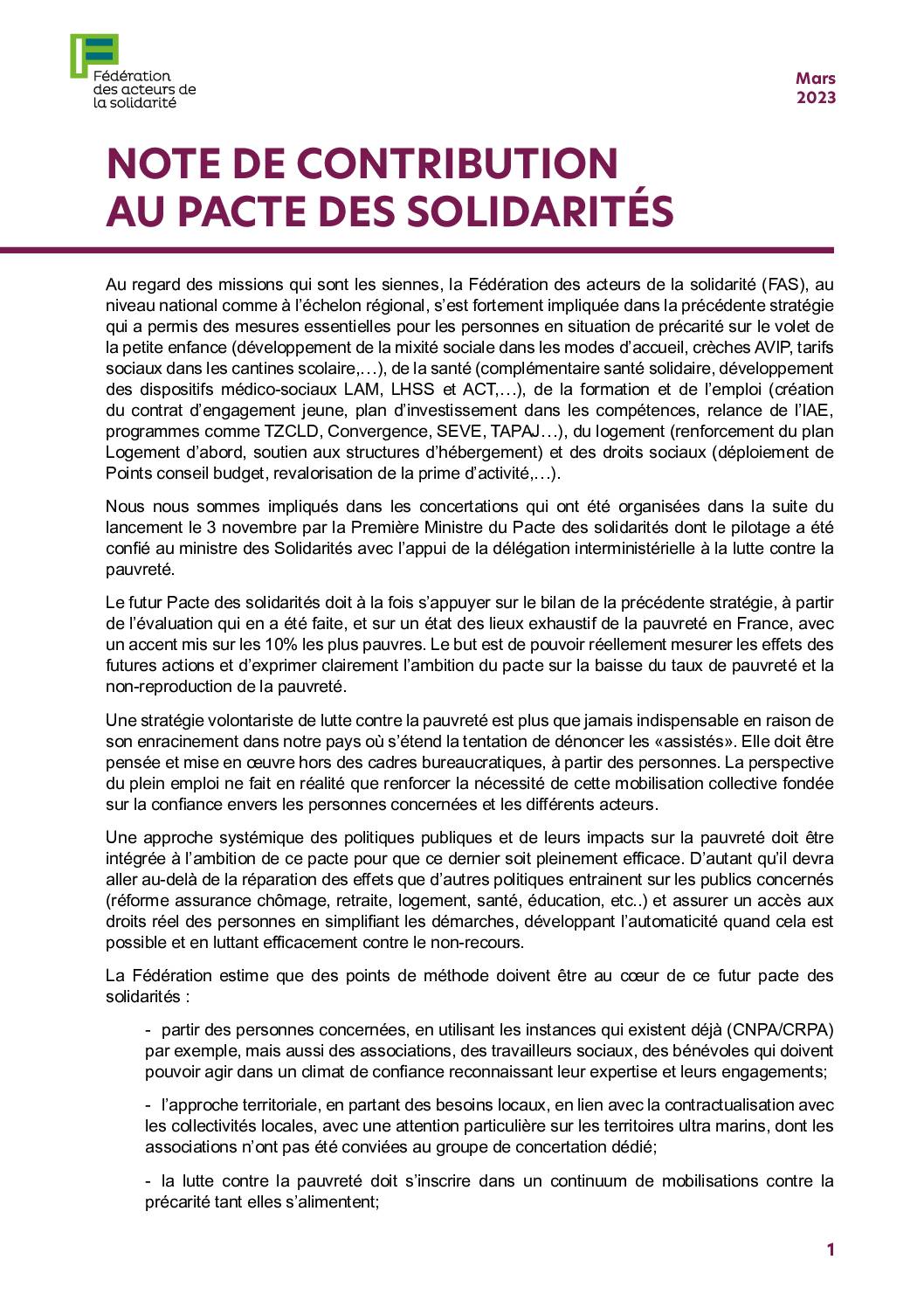Note de contribution au pacte des solidarités