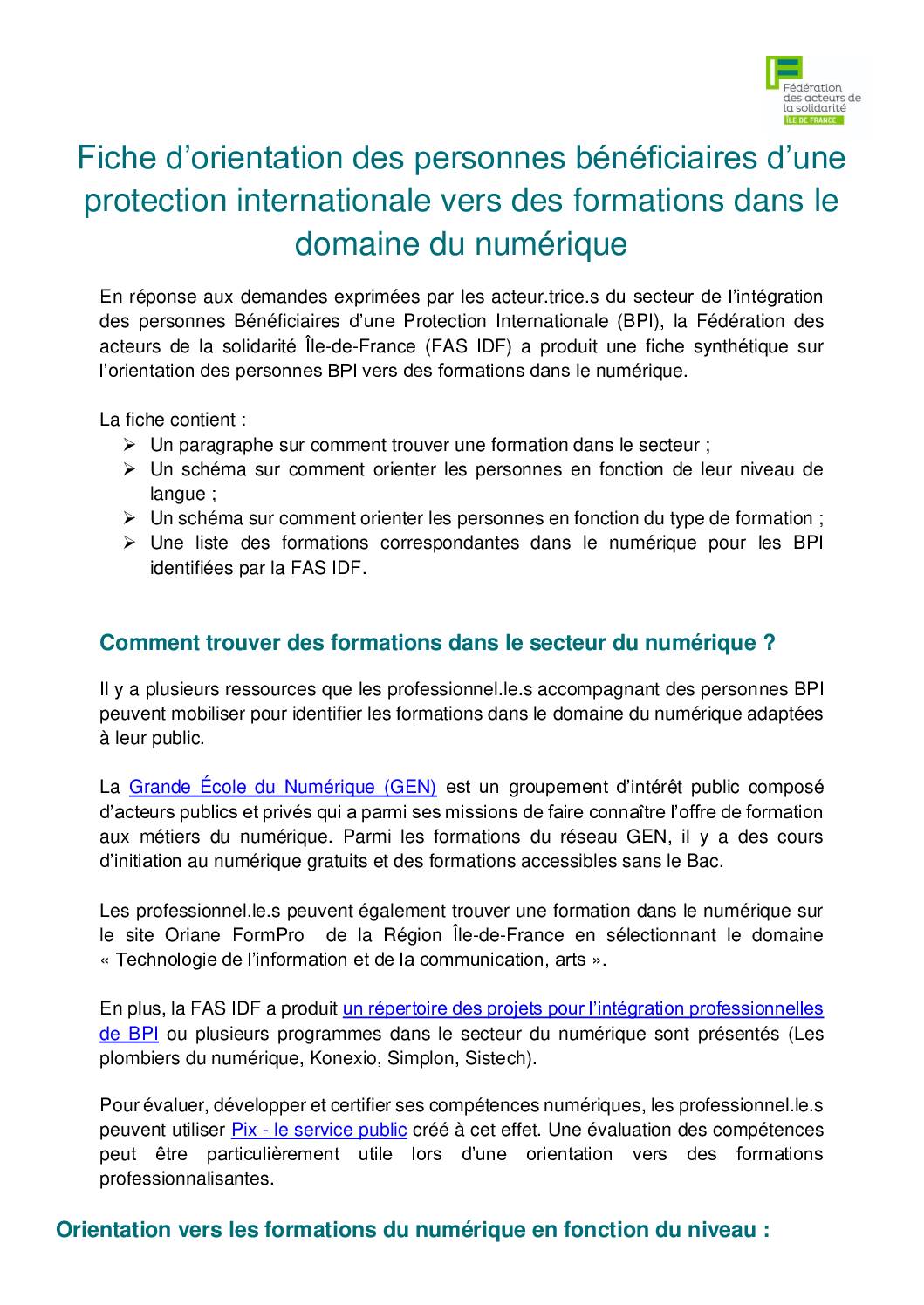 Fiche d'orientation des personnes bénéficiaires d'une protection internationale