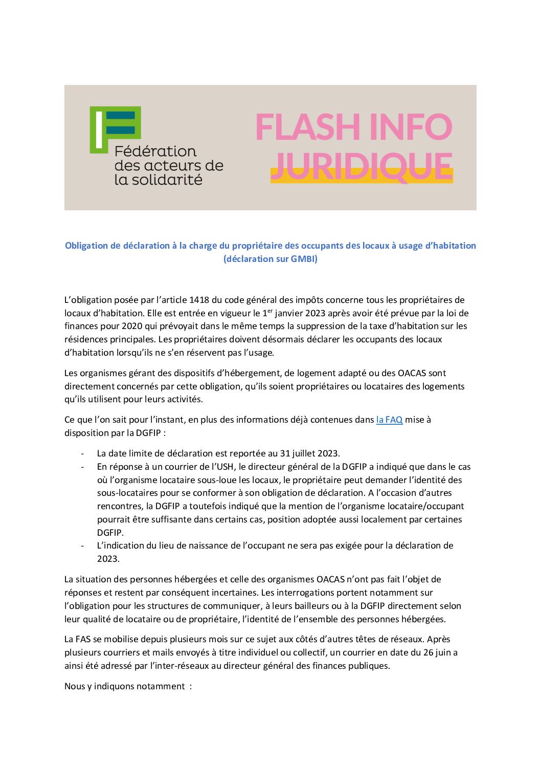 Obligation de déclaration à la charge du propriétaire des occupants des locaux à usage d’habitation (déclaration sur GMBI)