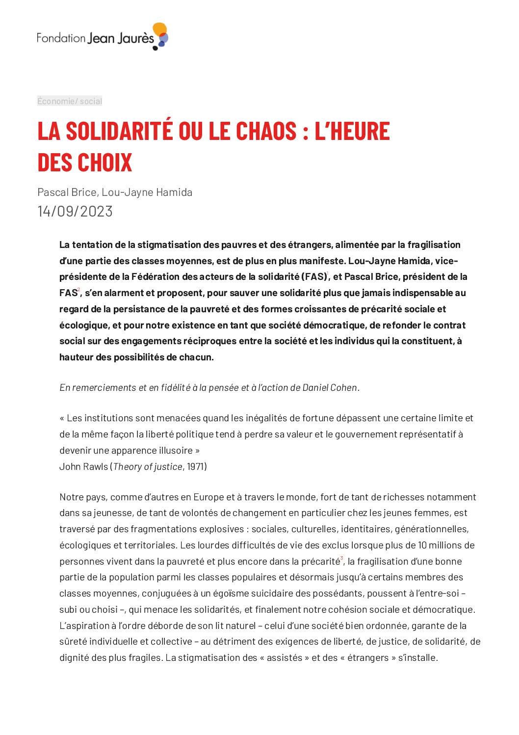 La solidarité ou le chaos, l'heure des choix