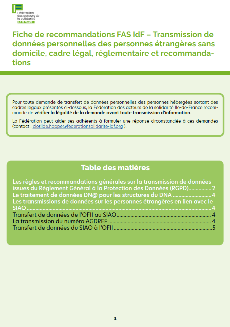 Note de recommandations concernant la transmission de données personnelles des personnes étrangères sans domicile