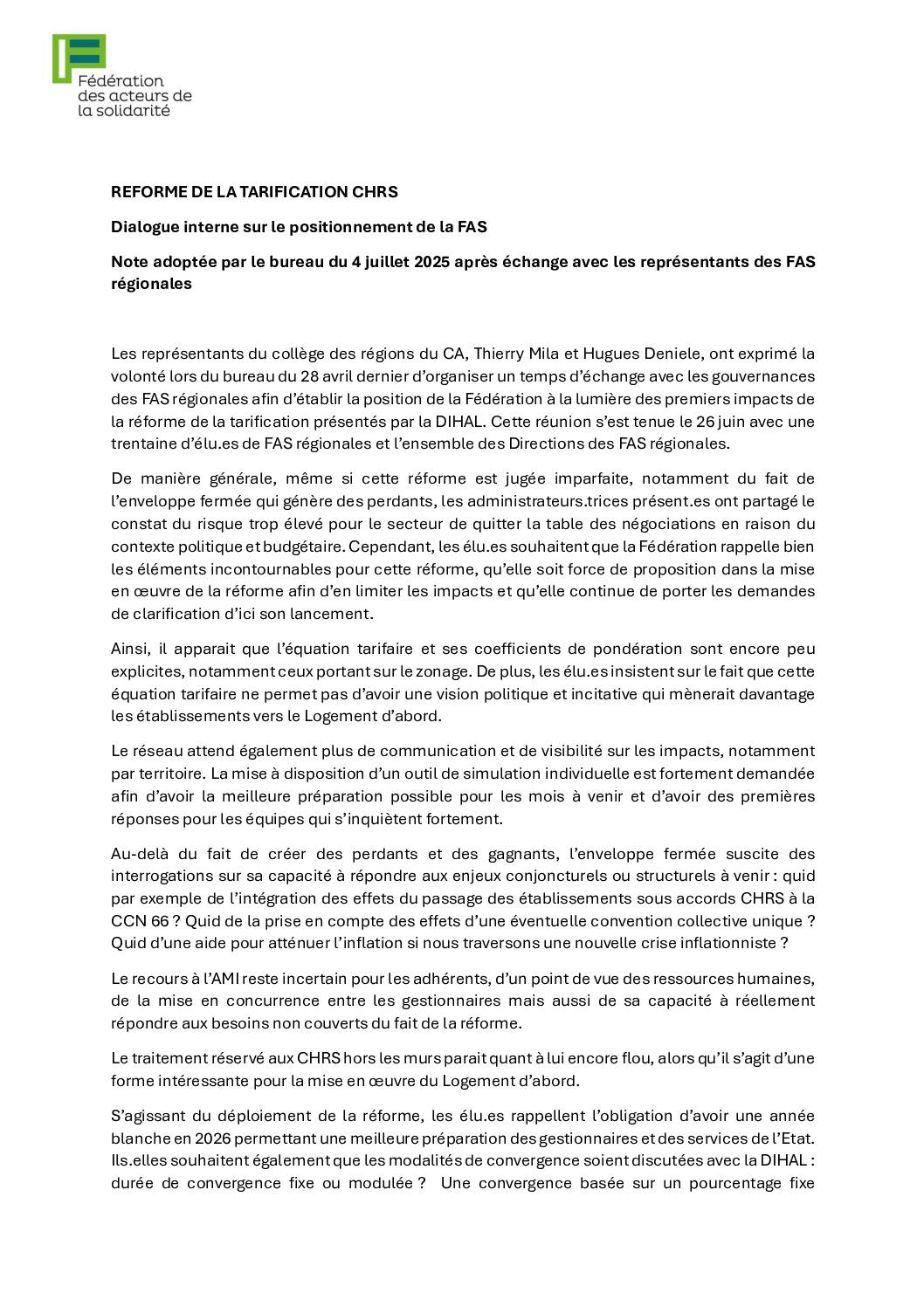 Réforme de la tarification des CHRS : Note sur le positionnement de la FAS